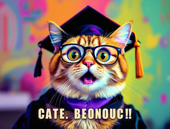 A GIF of a cat looking surprised, overlaid with an AI-generated caption: "When you accidentally get straight A's using a fake grades generator." Funny, relatable meme style.