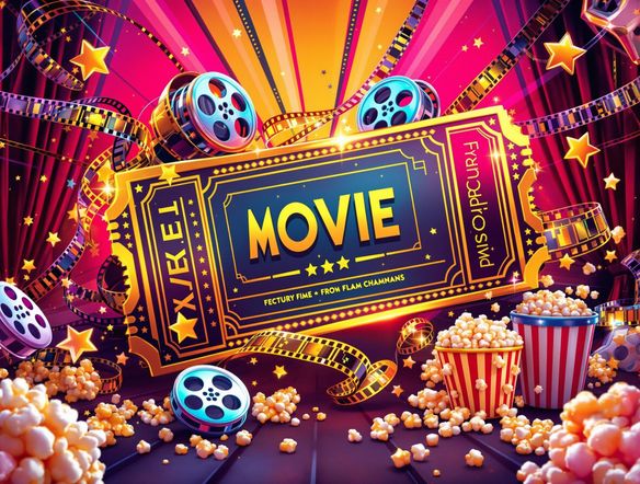 A beautifully designed movie ticket featuring a retro futuristic movie title. Incorporate elements of film reels, popcorn, and classic movie theater architecture. Use a vibrant color palette with gold accents.