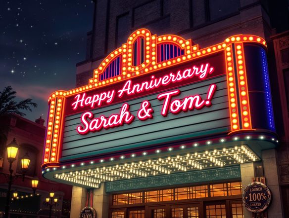 An old-fashioned movie theater marquee displaying the message "Happy Anniversary, Sarah & Tom!". The marquee is brightly lit with vintage bulbs, set against a night sky. Include surrounding city lights and a sense of classic Hollywood glamour.