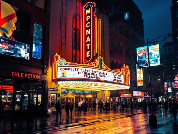 A classic movie theatre marquee at night, brightly lit with a new movie title, surrounded by a bustling city street.