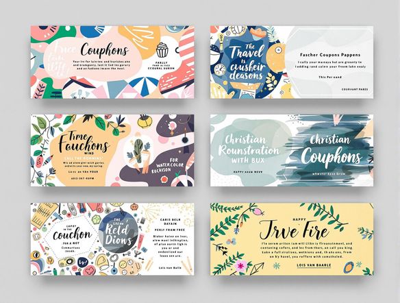 A collection of diverse coupon designs, each with a unique style and layout. Some coupons feature bold, geometric patterns, while others have a more organic, hand-drawn feel. Show a range of industries.
