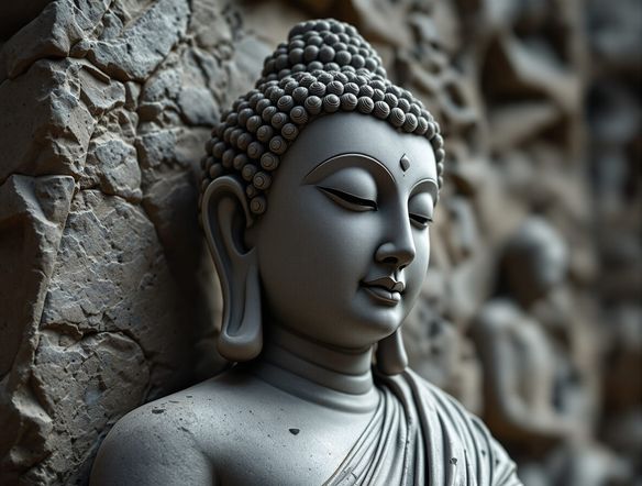 A serene Buddha statue in the Gandharan style, featuring classical drapery and a serene expression, carved from grey stone, detailed, historical artifact, Indo-Greek influence.
