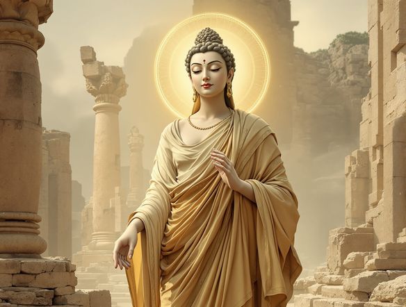 An AI-generated artwork depicting a Bodhisattva in the Gandharan sculpture style, with Greek-inspired robes and a serene, enlightened expression, set against a backdrop of ancient ruins.