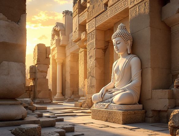 A serene Buddha statue with Greco-Roman features, carved from marble, set against a backdrop of ancient Gandhara ruins with subtle AI-generated patterns.