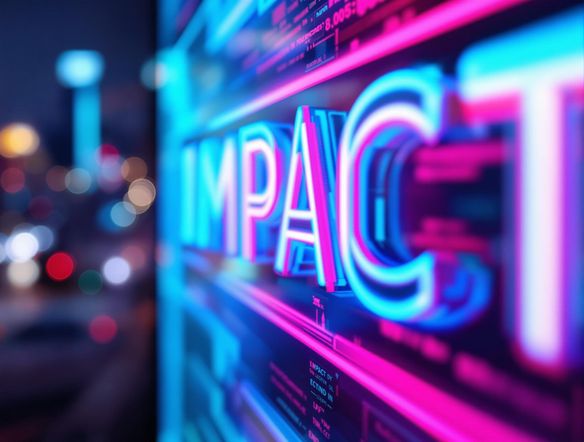 Close-up shot of a neon word generator display showing the word 'IMPACT' in vibrant, layered neon colors. The background is a blurred cityscape at night, emphasizing the text's luminosity and drawing the viewer's eye. High resolution and dynamic lighting.