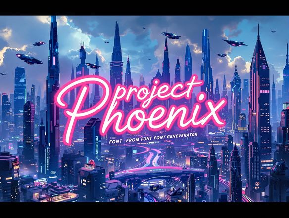 A dynamic slideshow presentation featuring a futuristic cityscape with a glowing neon light font generator title, 'Project Phoenix'. The scene should be energetic and visually striking, emphasizing innovation and forward-thinking concepts. Vivid colors and sharp details.