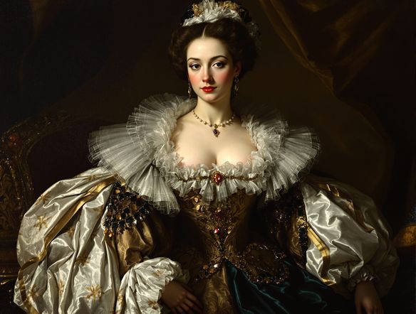 An elegant aristocratic woman in opulent 17th-century attire, depicted in the style of an Anthony van Dyck portrait generator, soft lighting, detailed fabric, Antwerp school painting AI.