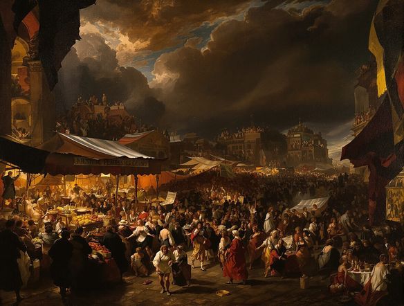 A dramatic scene of a bustling marketplace, rendered in the Peter Paul Rubens style AI art, with rich oil textures and dynamic lighting, evoking the Flemish Baroque.