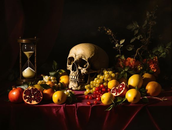 A dramatic still life in the style of Flemish Baroque oil painting, featuring a velvet-draped table with a skull, an hourglass, and exotic fruits, illuminated by chiaroscuro lighting.