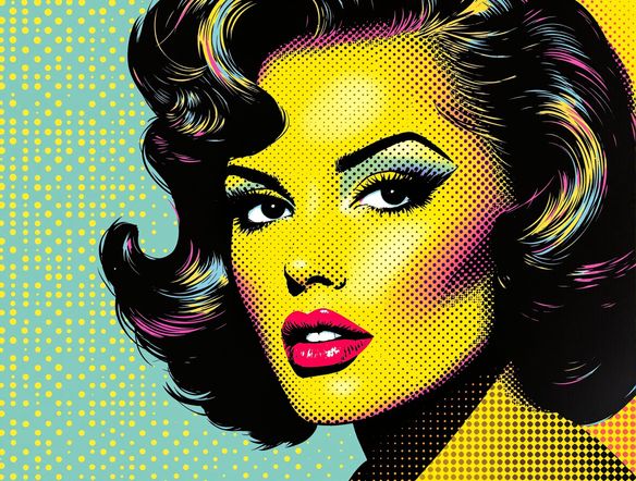 A portrait of a retro-styled woman with a confident expression, enhanced with a bold pop art halftone effect and prominent Ben-Day dots, vibrant color palette.