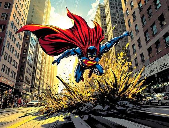 A superhero landing in a city street, rendered in a classic comic book style with visible dot matrix filter and vibrant colors, vintage comic art AI.