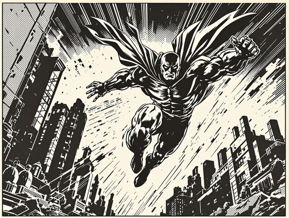 A vintage comic book panel with a superhero mid-action, rendered in a classic black and white halftone dot pattern, dramatic lighting.