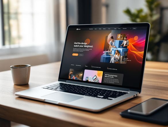 A sleek laptop mockup displaying a vibrant website design on a wooden desk with natural lighting. Focus on sharp details and a professional aesthetic, highlighting the screen's clarity and the overall presentation quality.