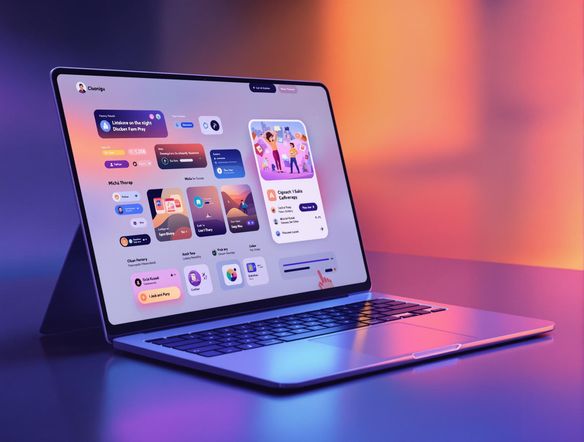 A laptop mockup showcasing an interactive app prototype. The screen displays animated elements and user interface components, emphasizing the dynamic nature of the presentation. Include subtle visual cues to suggest interactivity, such as a glowing cursor or highlighted buttons.