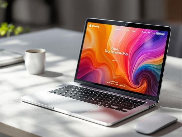 A sleek laptop displaying a vibrant website design on its screen, set on a modern desk with soft, natural lighting and a minimalist aesthetic.