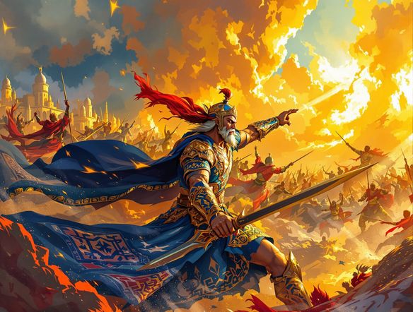 A dramatic Shahnameh illustration AI, featuring a heroic Persian warrior in battle, set against a stylized, ancient Persian landscape with intricate patterns and a rich color palette.