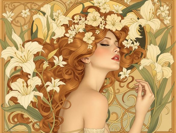 An Art Nouveau poster featuring a graceful woman with flowing hair, surrounded by stylized floral elements, in the distinct Alphonse Mucha style. Soft, warm color palette. High detail.