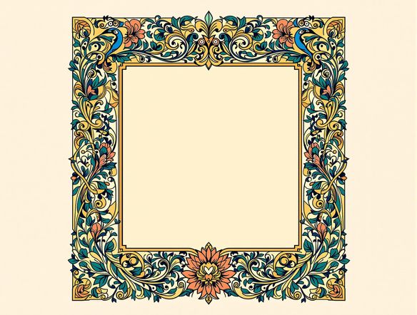 A square frame in the Art Nouveau style, composed of swirling organic motifs, peacocks, and floral patterns. Intricate linework and a rich color scheme. Centered on a plain background.