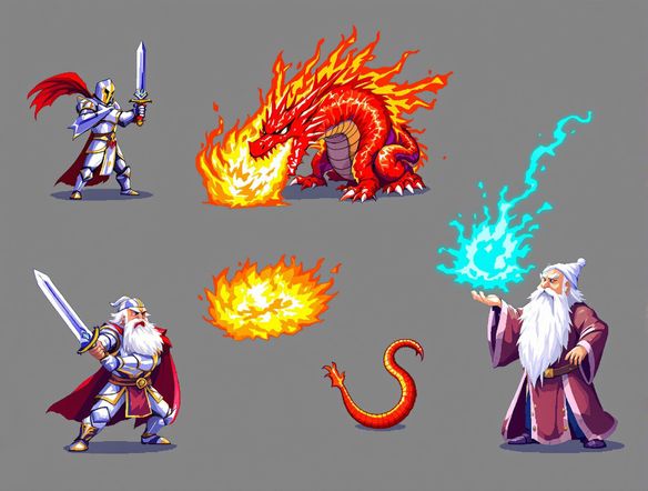 A collection of diverse animated pixel sprites: a knight swinging a sword, a dragon breathing fire, and a wizard casting a spell, all in vibrant 16-bit pixel art style.