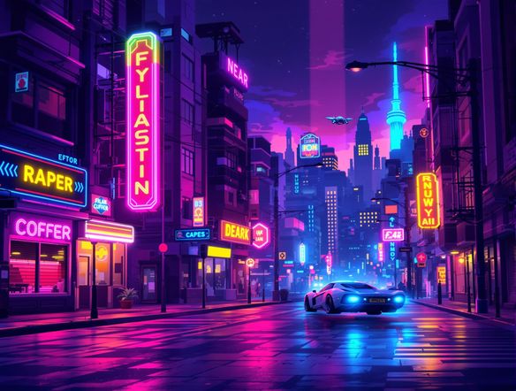 A vibrant 8-bit pixel art scene depicting a retro cityscape at night, with animated neon signs and a flying car, showcasing retro style animation AI.