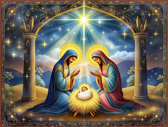 An ethereal Coptic Christian iconography generator image depicting the Nativity scene, featuring Ethiopian religious art AI influences. Soft, divine light, symbolic elements, and a serene atmosphere.