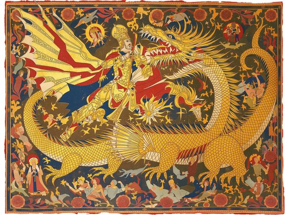 Vibrant Ethiopian Thangka painting depicting Saint George slaying a dragon, intricate gold leaf details, traditional Coptic iconography, rich blues and reds, on aged parchment.