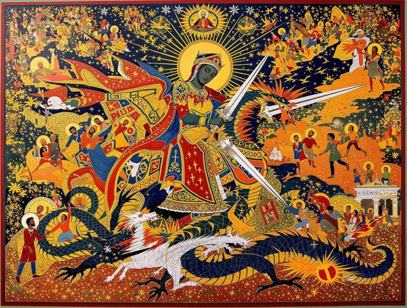 A vibrant Ethiopian Orthodox icon of Saint George slaying the dragon, rendered in the traditional Thangka painting style AI. Rich colors, intricate details, and a sacred aura.