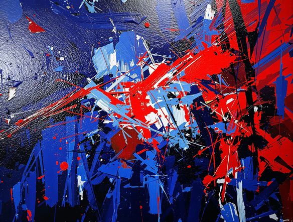 An energetic canvas filled with bold, gestural brushstrokes in deep blues and fiery reds, evoking a sense of passion and movement, in the style of abstract expressionism.