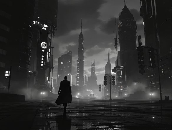 A dramatic black and white image of a lone figure walking through a futuristic cityscape. High contrast, cinematic lighting, and a sense of mystery. Use the black and white image generator for a classic, sophisticated look.