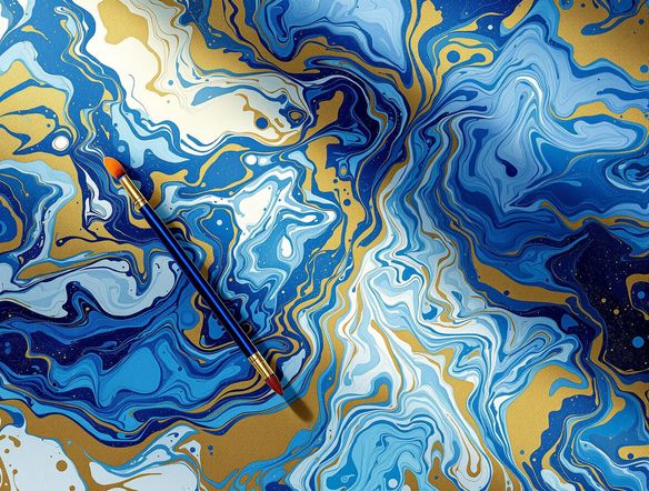 Vibrant, swirling patterns of blue, gold, and white reminiscent of traditional paper marbling, with a single, delicate paintbrush resting on the edge of the design.