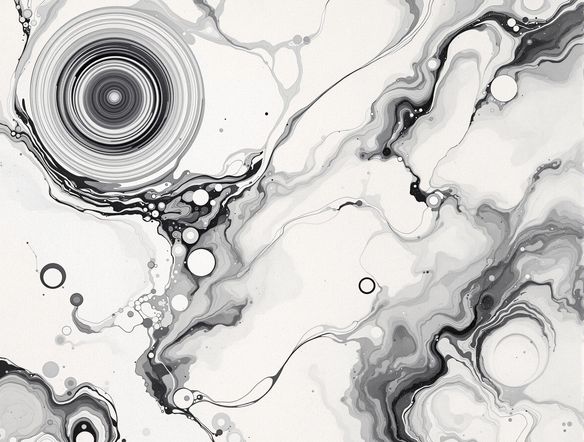 Elegant suminagashi technique AI art, featuring concentric circles and delicate ink flows in black and white on a textured paper background, digital marbling patterns.