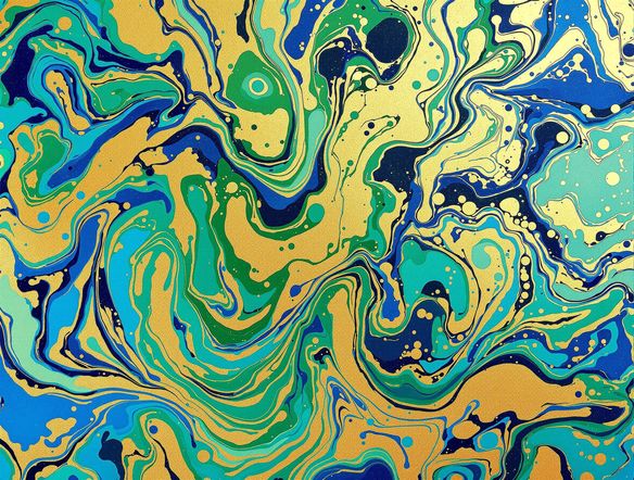 Vibrant, abstract marbled paper design with swirling blues, greens, and gold, created using an ebru art generator, high detail, fluid dynamics.