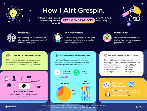 A vibrant and clean infographic illustrating the benefits of AI art generation, featuring icons, charts, and a central title. Minimalist style, bright color palette. Use as a free infographic maker example.