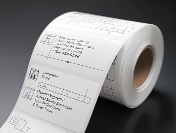 A roll of crisp, white address labels being printed with a clean, modern design, reflecting a sense of efficiency and organization.