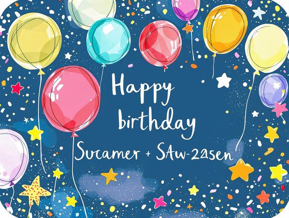 A set of colorful, whimsical address labels designed for a children's birthday party. Feature playful illustrations of balloons, stars, and confetti, with a fun, handwritten-style font.