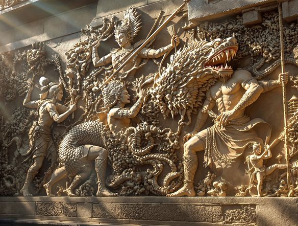 Intricate bas-relief carving of ancient Khmer warriors and mythical creatures, reminiscent of Angkor Wat temple walls, rendered in a soft, aged stone texture with subtle lighting.