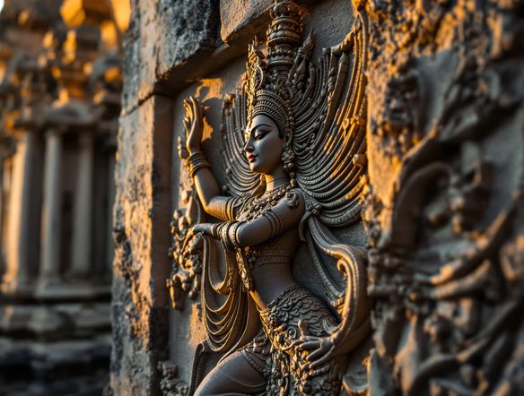 A detailed bas-relief carving in the style of Angkor Wat, depicting a mythical Khmer dancer, intricate stone texture, golden hour lighting, ancient temple background.