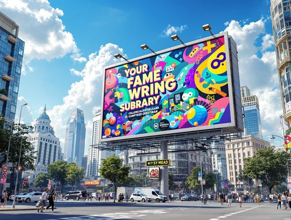 A hyperrealistic digital rendering of a billboard featuring a vibrant advertisement, set against a clear blue sky in a bustling city center during the daytime.