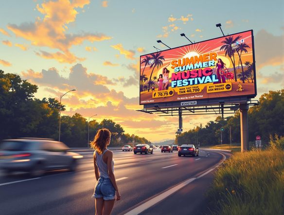 A photorealistic billboard mockup on a busy highway, advertising a summer music festival. Include details such as passing cars and realistic lighting. Emphasize the festival's name and date. Sunset colors, wide-angle shot.
