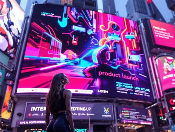 A vibrant billboard mockup in Times Square, showcasing a new product launch with a creative and eye-catching design. Capture the energy and excitement of the city. Bright colors, high resolution.