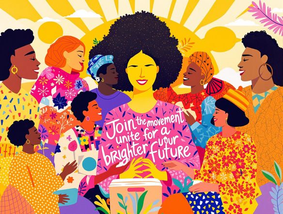 Design a vibrant campaign ad featuring a diverse group of people working together. Include a clear call to action and a powerful message of unity and progress. Style: Bold, optimistic, visually striking.