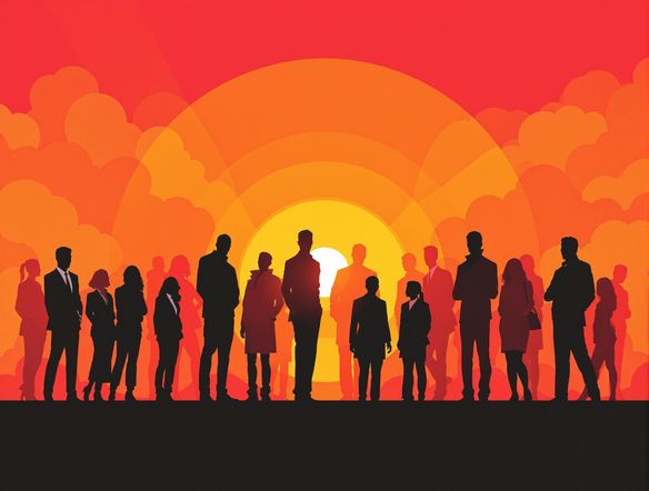 A stylized campaign poster featuring a diverse group of people silhouetted against a rising sun, with bold typography conveying a message of unity and progress.
