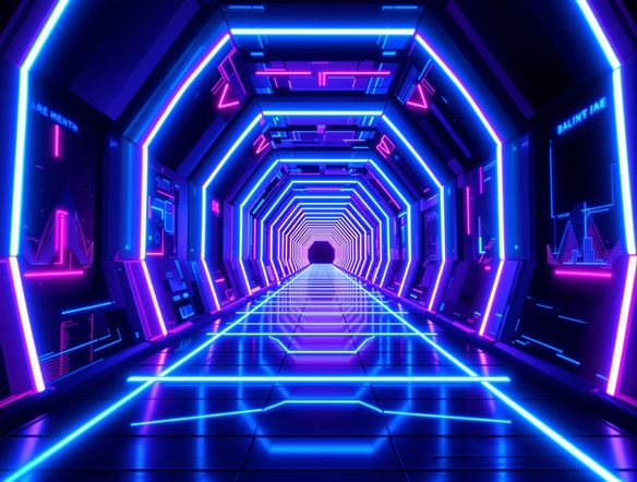 A vibrant neon tunnel with glowing blue and pink geometric patterns receding into the distance, digital art.