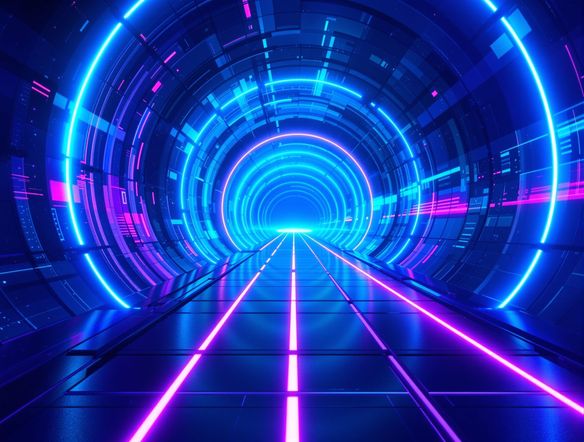 A hyperrealistic, vibrant neon tunnel image, glowing with electric blues and purples, leading into an infinite, futuristic horizon. Cinematic lighting, digital art.