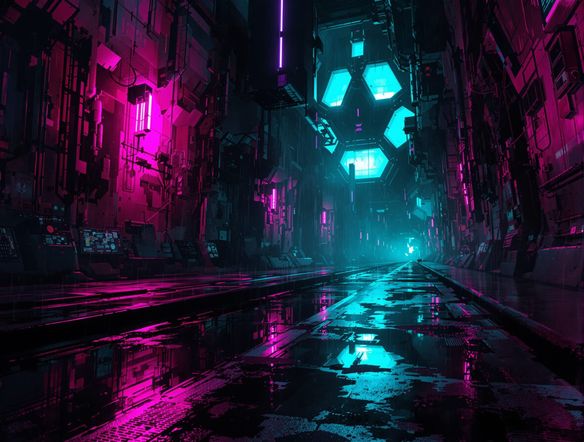 A gritty, neon-lit cyberpunk tunnel art scene, rain-slicked ground reflecting vibrant pink and cyan lights, towering, dystopian structures overhead. Moody atmosphere, digital painting.