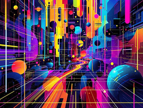 A geometrically inspired grid pattern filled with vibrant abstract art, reflecting a futuristic and creative design tool.