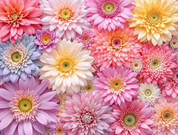 Generate a square grid image. Each cell contains a different close-up of a vibrant flower. Use a pastel color palette. High resolution, photorealistic.