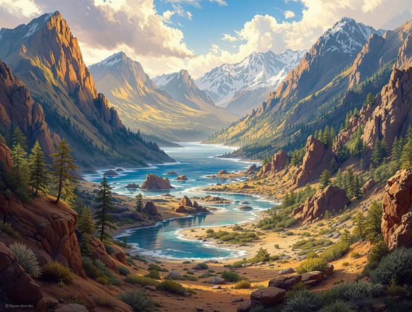 Create an image grid featuring diverse landscapes: mountains, ocean, forest, and desert. Each image should be vibrant and highly detailed. Use a warm color palette. High resolution, realistic.