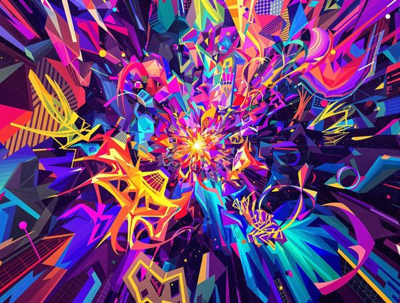 A vibrant, abstract image generated by AI, showcasing unexpected color combinations and geometric patterns. Use it as inspiration for graphic design ideas generator gfxdigital or an AI website design generator. High resolution, digital art.