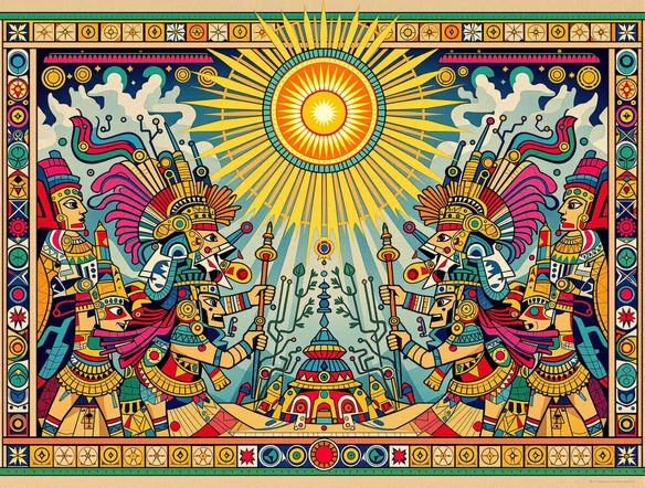 A vibrant digital Mayan mural design featuring a royal procession, intricate patterns, jade and obsidian details, a stylized sun disk, and figures in elaborate headdresses, embodying Maya civilization wall art.